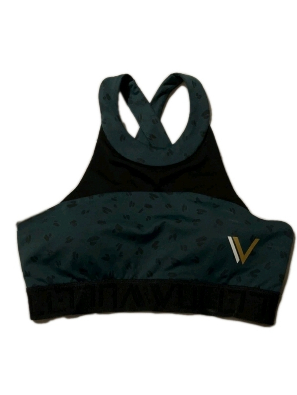 Vull Green Black Leopard Reptile Racer Back High Neck Impact Sports Bra Medium